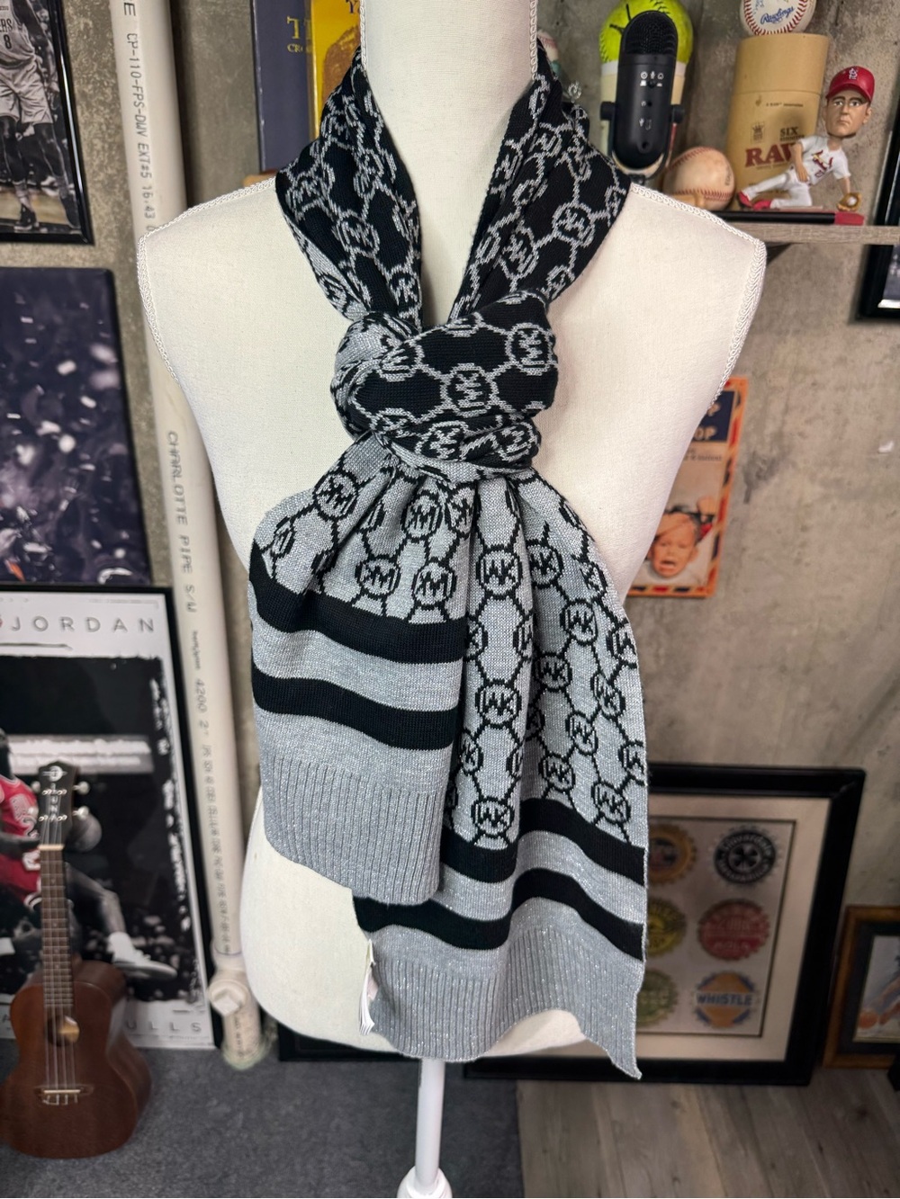 Michael Kors Black & Gray Logo Knit Scarf